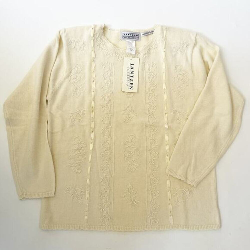 VTG Jantzen Sweater Womens Cream Grandma 80's Hand Embroidered Pearl Deadstock‎